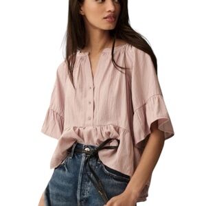 Anthropologie Sz XS Oversized Boho Short-Sleeve Peplum Swing Top In Lilac